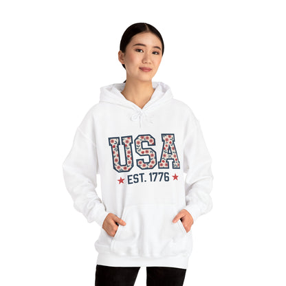 USA EST. 1776 Hoodie — Patriotic Floral American Heritage Sweatshirt