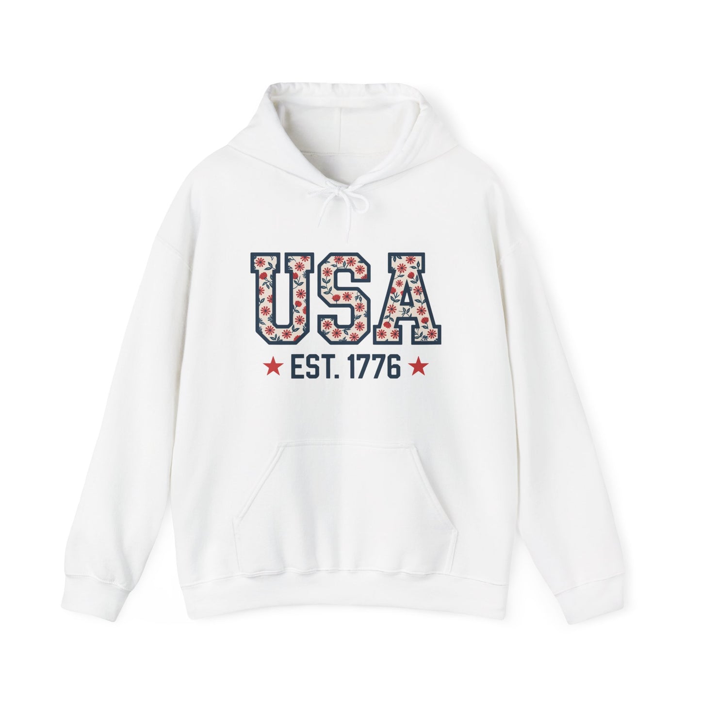 USA EST. 1776 Hoodie — Patriotic Floral American Heritage Sweatshirt