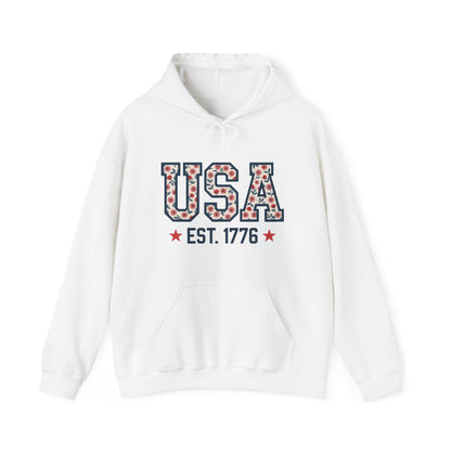 USA EST. 1776 Hoodie — Patriotic Floral American Heritage Sweatshirt