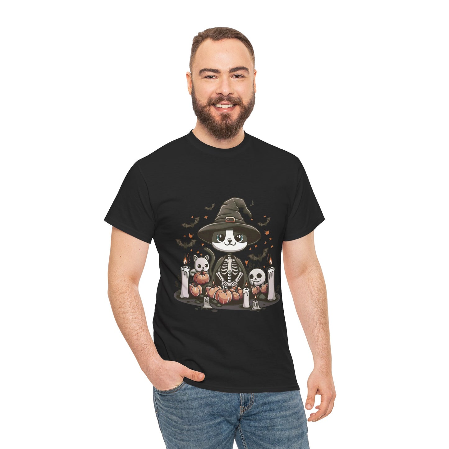 Halloween Witch Cat T-Shirt – Cute Skeleton Cat with Pumpkins & Candles