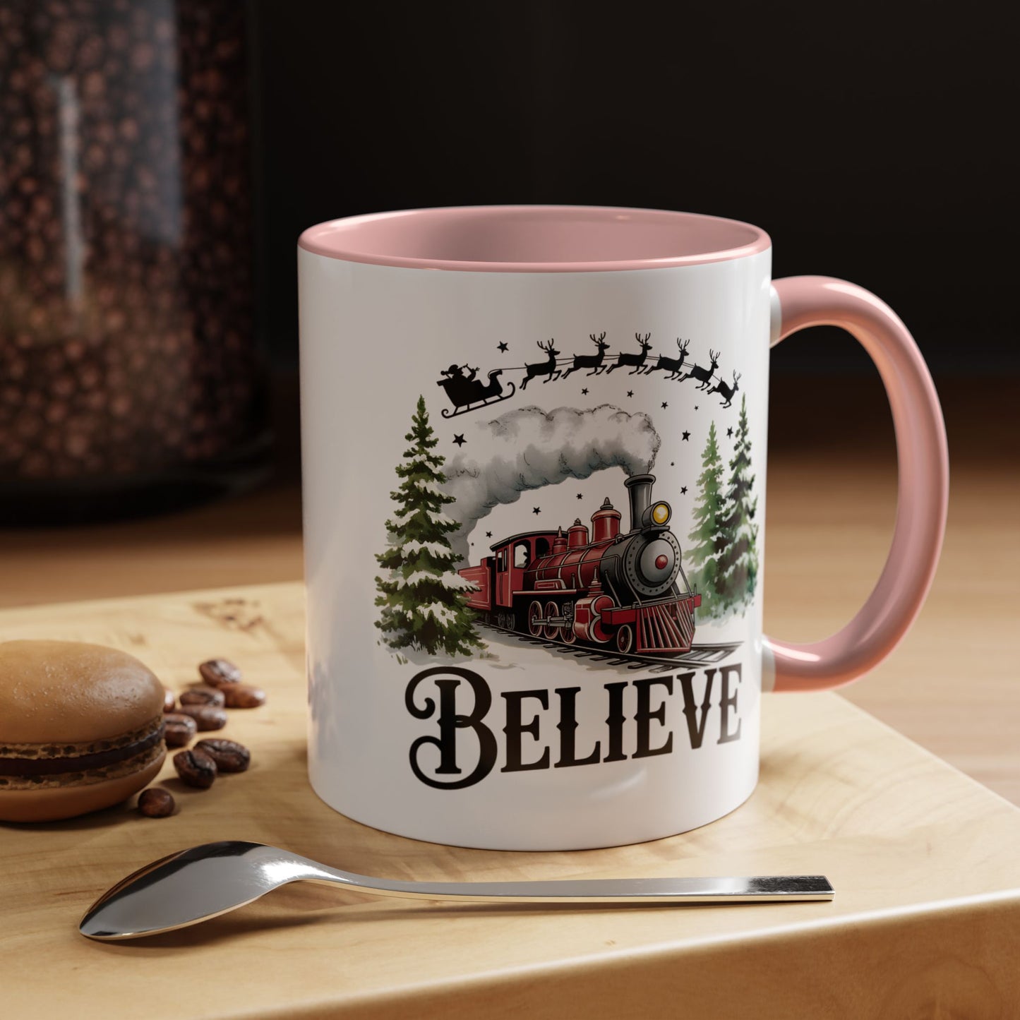 Believe Christmas Train Mug with Santa Sleigh – Holiday Coffee Cup