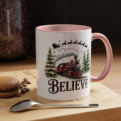 Believe Christmas Train Mug with Santa Sleigh – Holiday Coffee Cup
