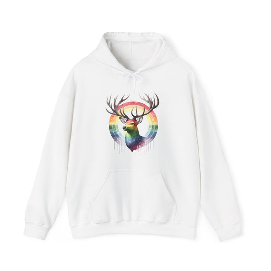 Deer Rainbow Circle Hoodie — Colorful Stag Nature Graphic Sweatshirt