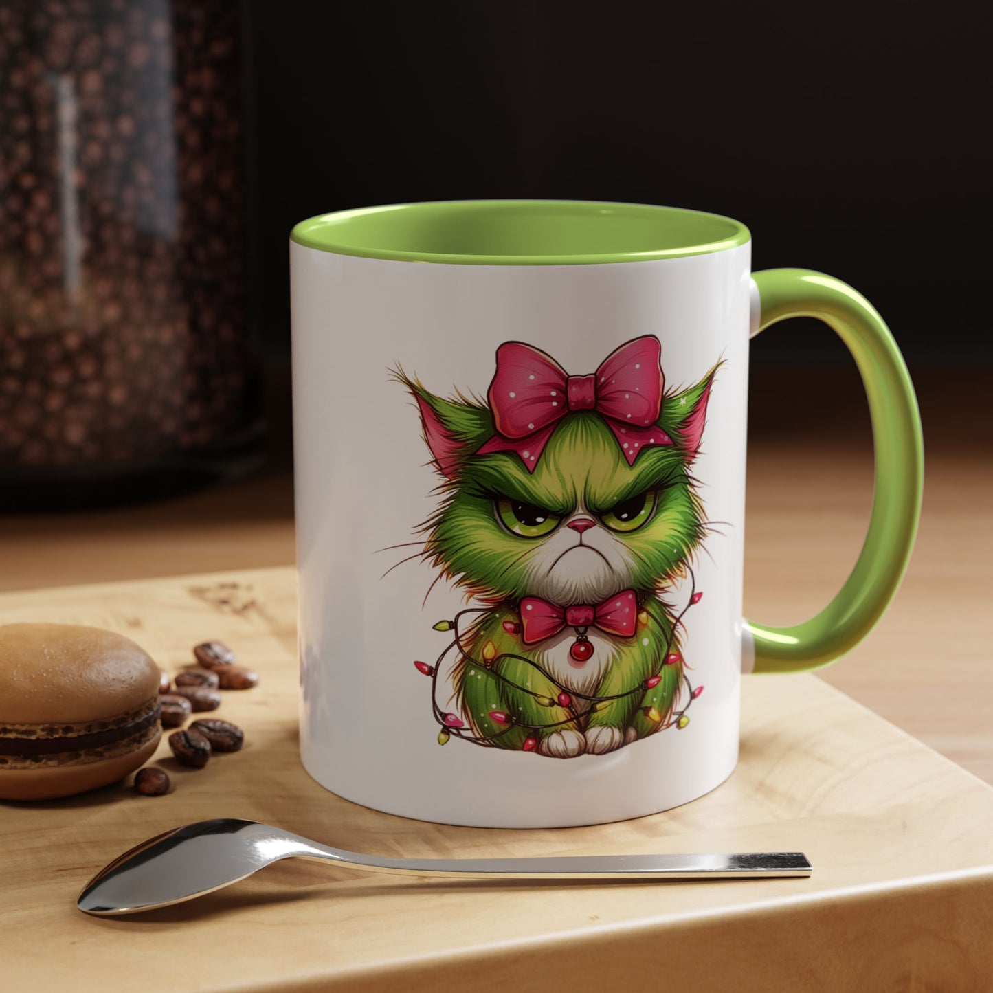 Christmas Grumpy Cat Accent Coffee Mug — Cute Green Kitty with Bow & Holiday Lights (11/15 oz)
