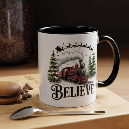 Believe Christmas Train Mug with Santa Sleigh – Holiday Coffee Cup