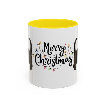 Merry Christmas Black Cat Mug – Cute Holiday Lights Cat Coffee Cup – Perfect Gift for Cat Lovers