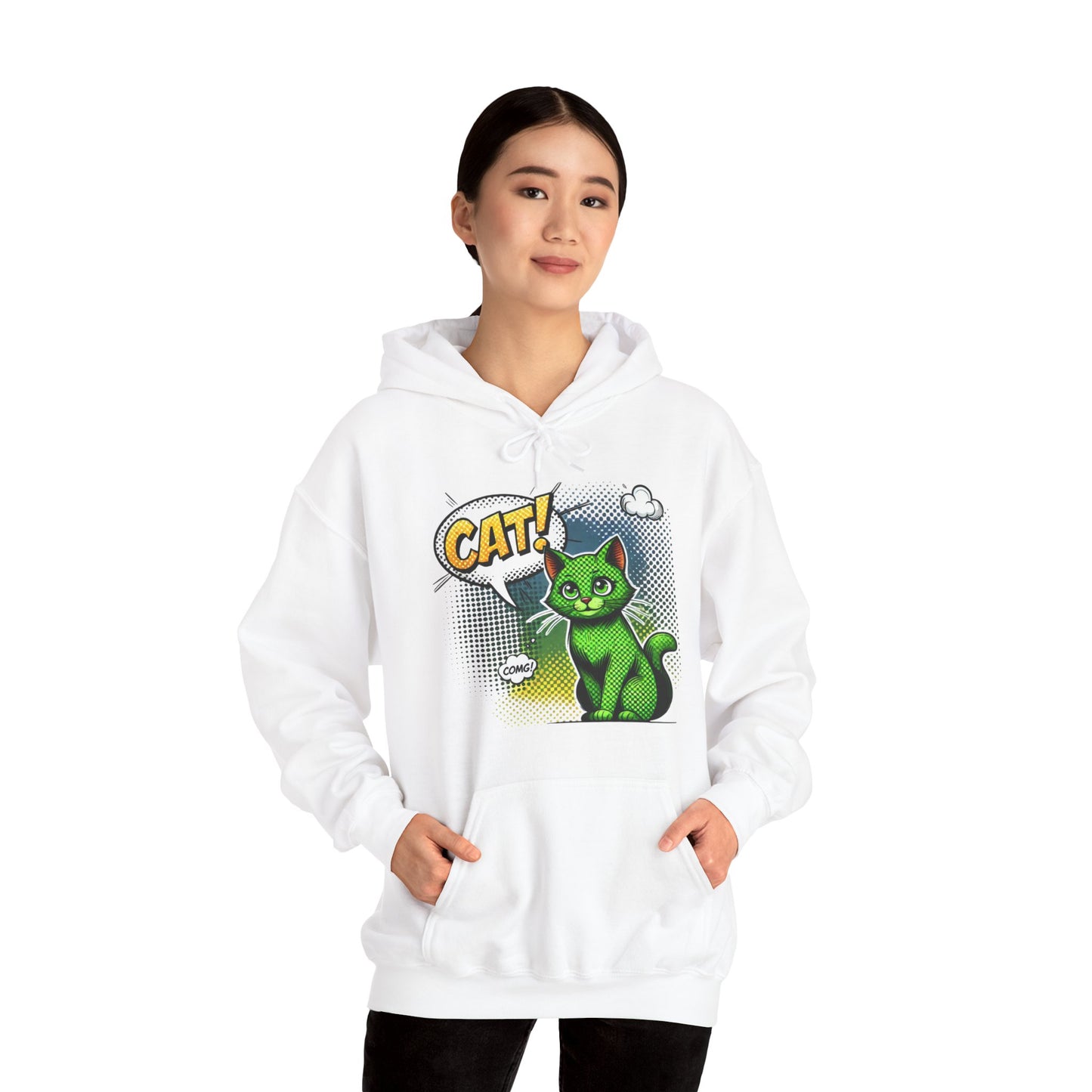 Green Comic Cat Hoodie — Retro Pop Art "CAT!" Graphic Sweatshirt