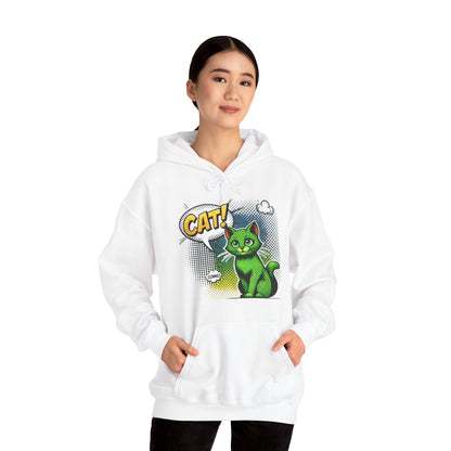 Green Comic Cat Hoodie — Retro Pop Art "CAT!" Graphic Sweatshirt