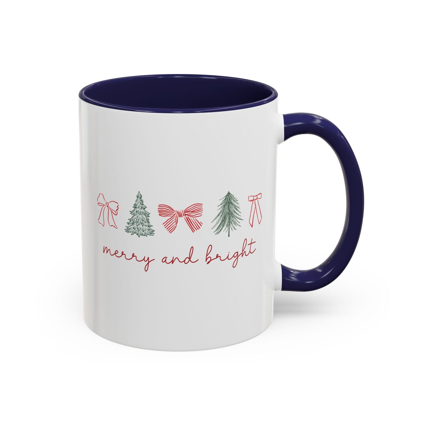 Merry and Bright Accent Coffee Mug — Holiday Christmas Tree & Bow Design (11/15 oz)