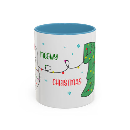 Meowy Christmas Accent Coffee Mug — Cute Cat & Decorated Tree Holiday Mug (11/15oz)