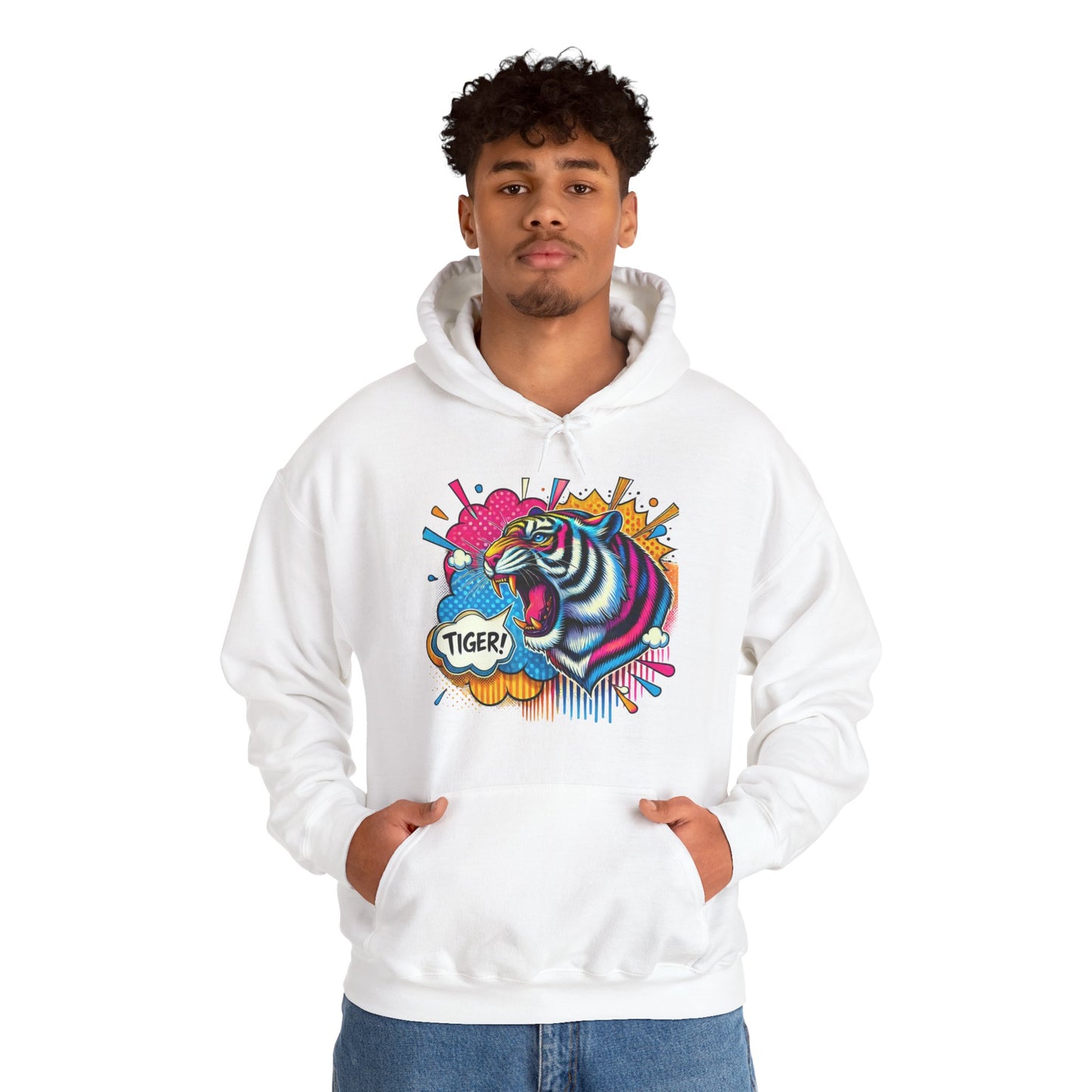 Colorful Pop Art Tiger Hoodie – "TIGER!" Graphic Pullover