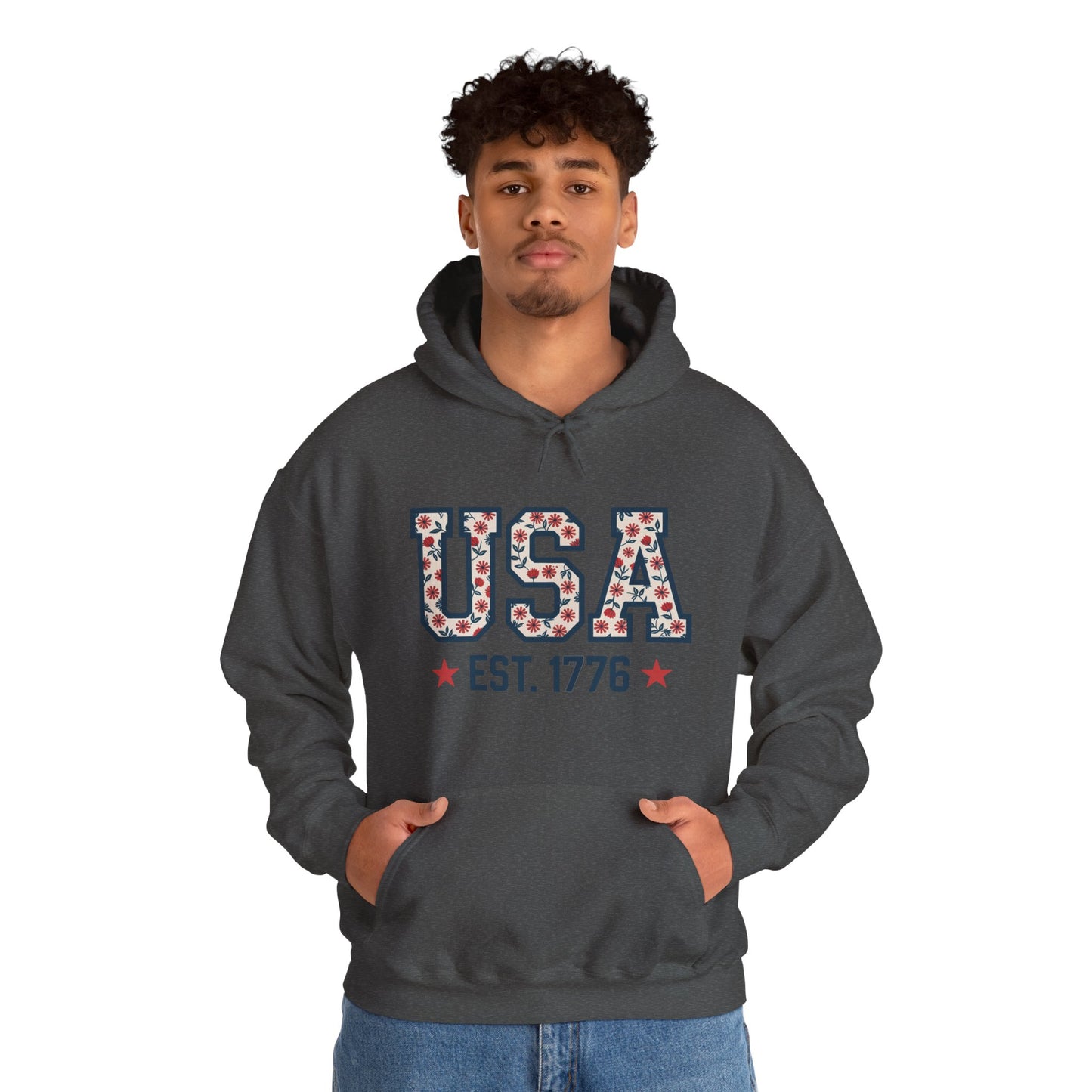 USA EST. 1776 Hoodie — Patriotic Floral American Heritage Sweatshirt