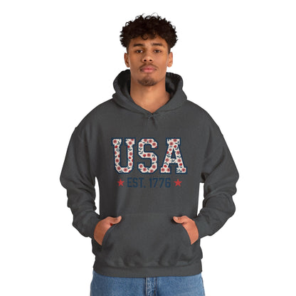 USA EST. 1776 Hoodie — Patriotic Floral American Heritage Sweatshirt