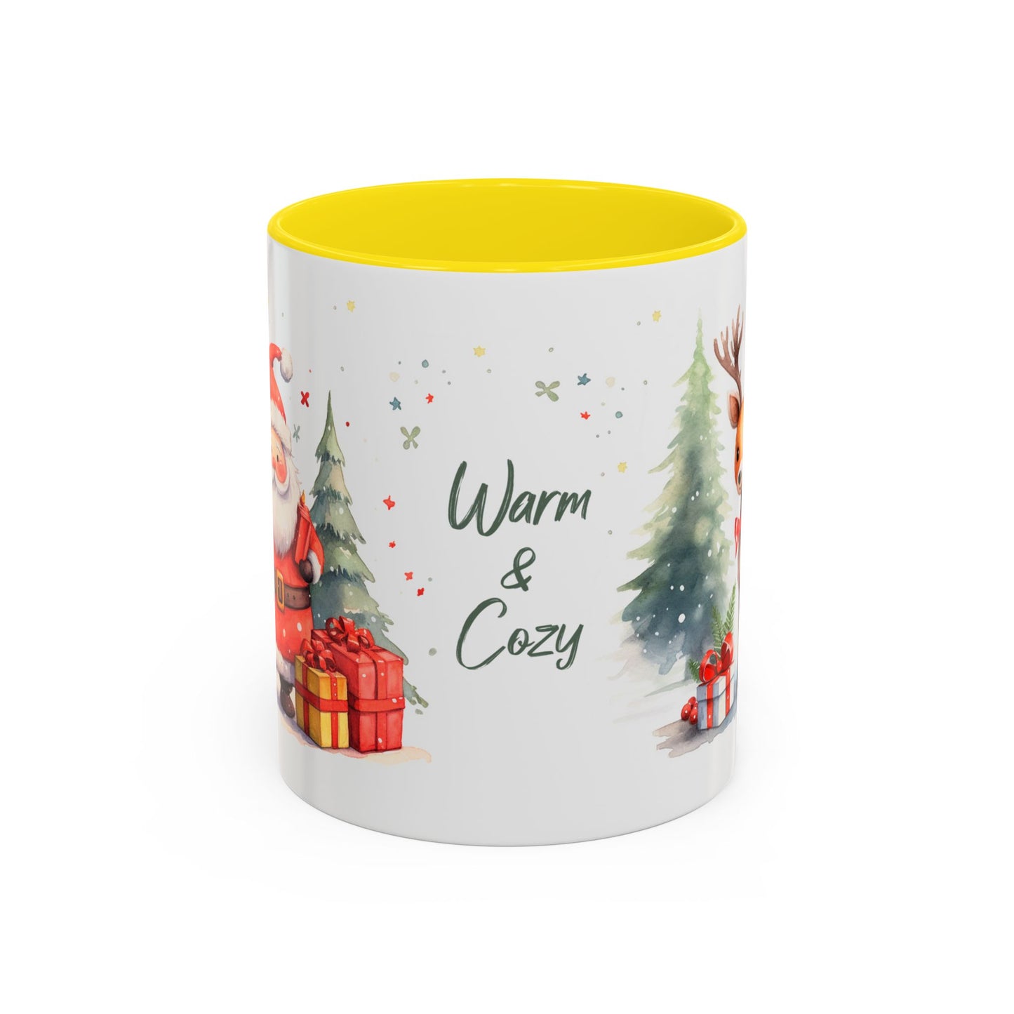 Warm & Cozy Christmas Accent Coffee Mug — Festive Santa, Reindeer & Pine Tree Holiday Drinkware