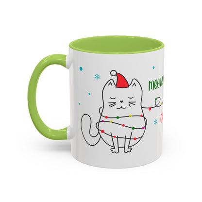 Meowy Christmas Accent Coffee Mug — Cute Cat & Decorated Tree Holiday Mug (11/15oz)