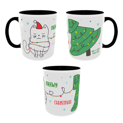Meowy Christmas Accent Coffee Mug — Cute Cat & Decorated Tree Holiday Mug (11/15oz)