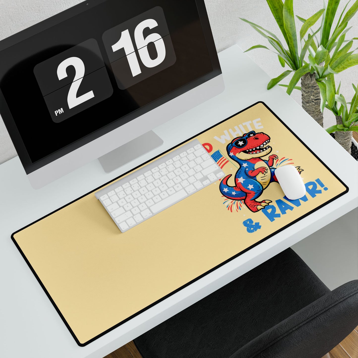 Patriotic 'Red White & RAWR!' Dino Desk Mat — 4th of July Gaming/Office Mouse Pad