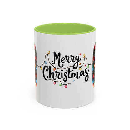 Merry Christmas Cat Mug – Cute Black Cat with Christmas Lights – Holiday Coffee Cup Gift for Cat Lovers