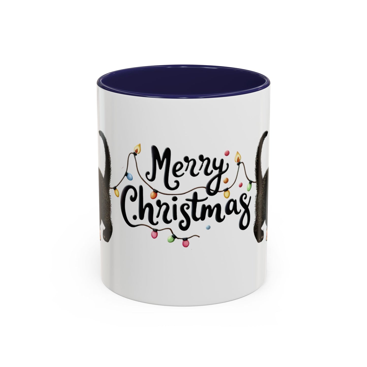 Merry Christmas Black Cat Mug – Cute Holiday Lights Cat Coffee Cup – Perfect Gift for Cat Lovers