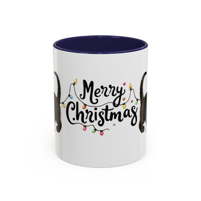 Merry Christmas Black Cat Mug – Cute Holiday Lights Cat Coffee Cup – Perfect Gift for Cat Lovers