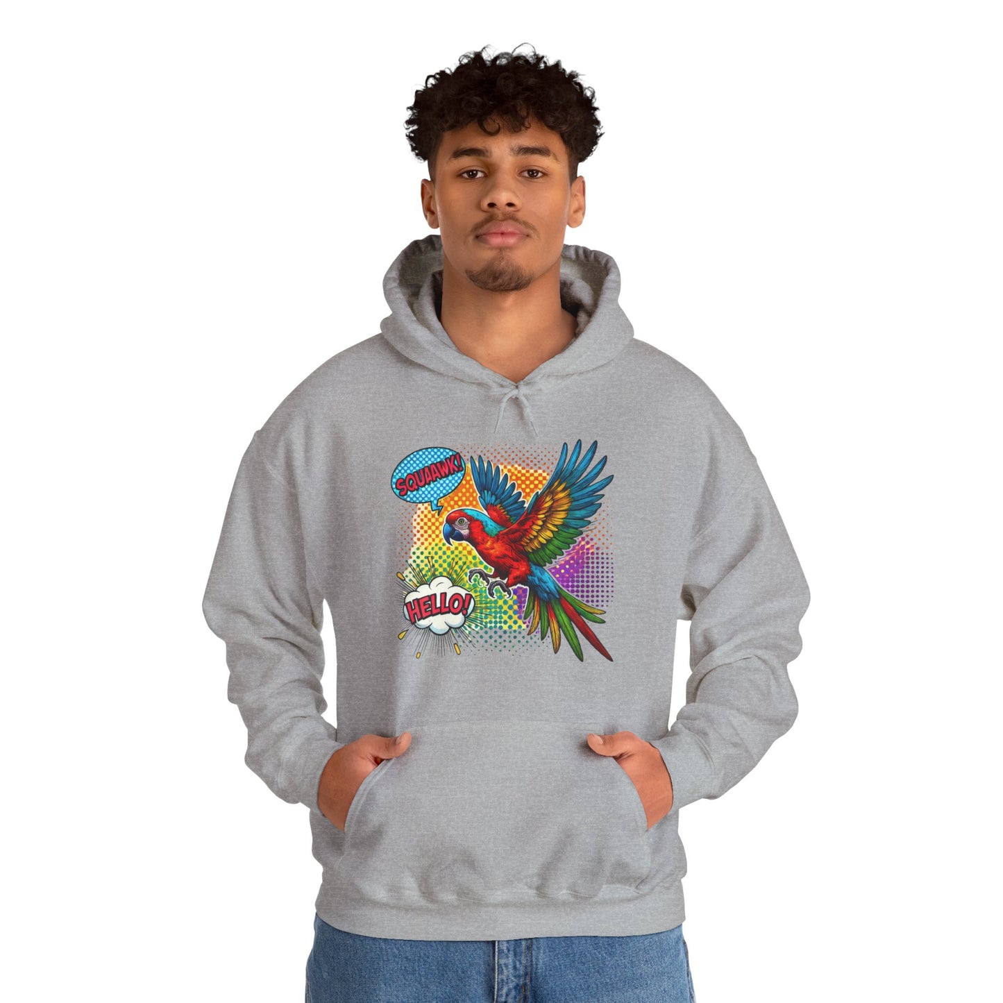 Parrot Pop Art Hoodie — Colorful Macaw 'Hello' Graphic Pullover