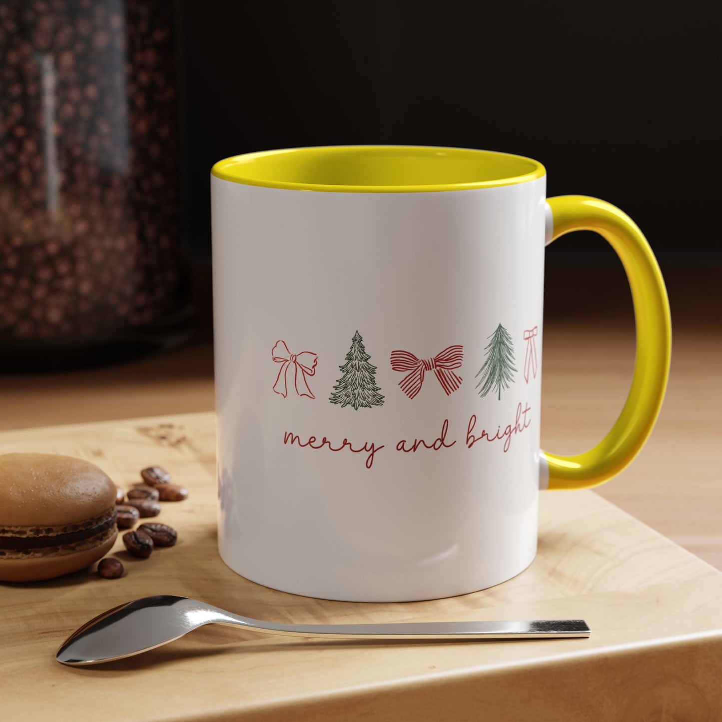 Merry and Bright Accent Coffee Mug — Holiday Christmas Tree & Bow Design (11/15 oz)