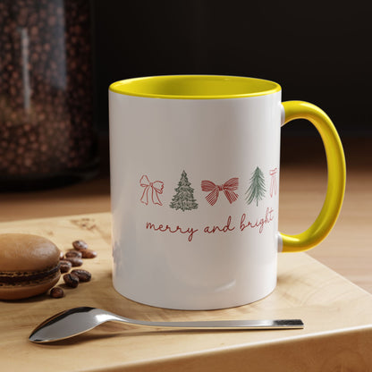 Merry and Bright Accent Coffee Mug — Holiday Christmas Tree & Bow Design (11/15 oz)