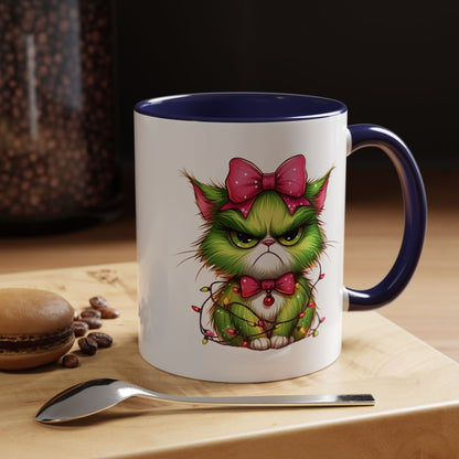 Christmas Grumpy Cat Accent Coffee Mug — Cute Green Kitty with Bow & Holiday Lights (11/15 oz)