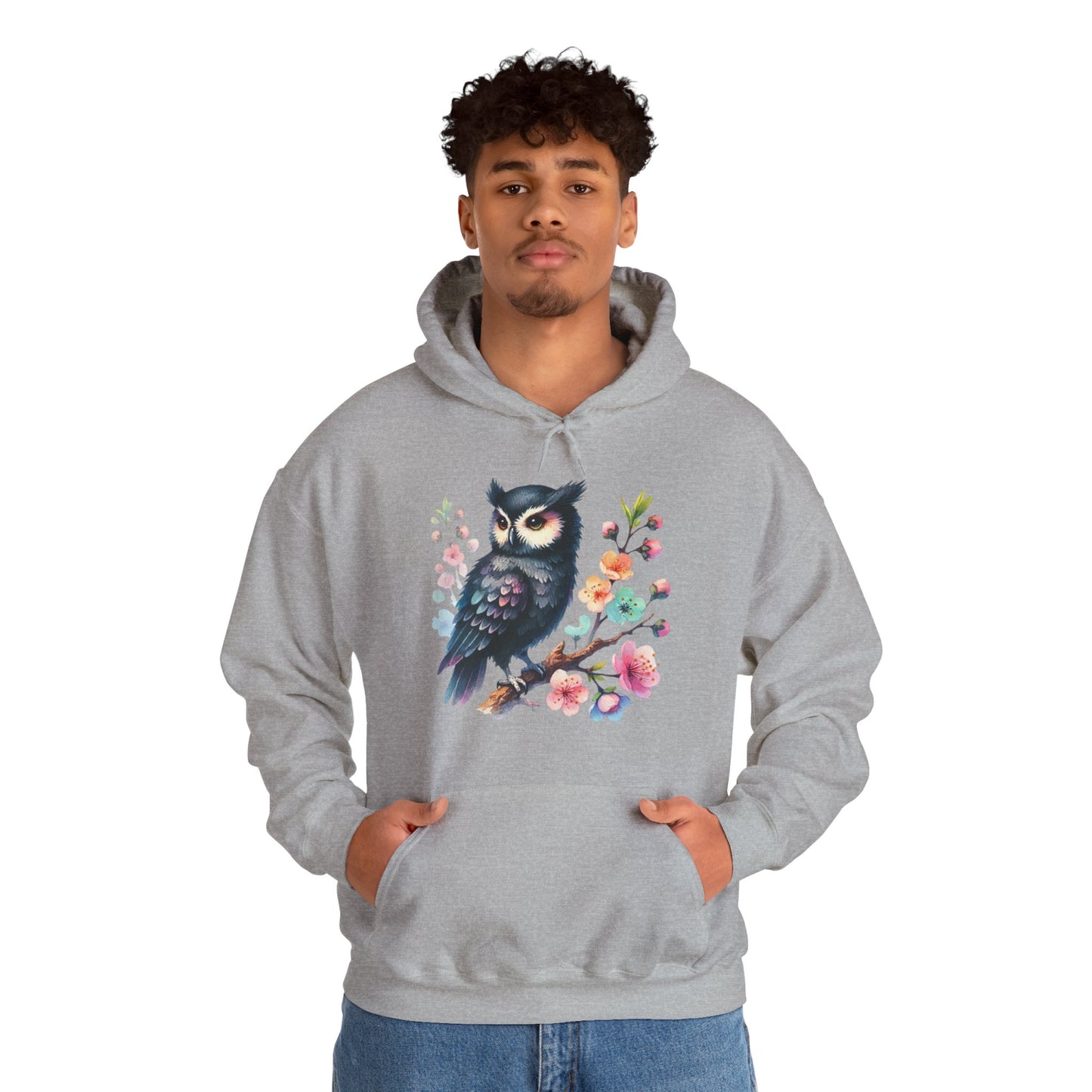 Floral Night Owl Hoodie – Watercolor Owl & Blossom Pullover