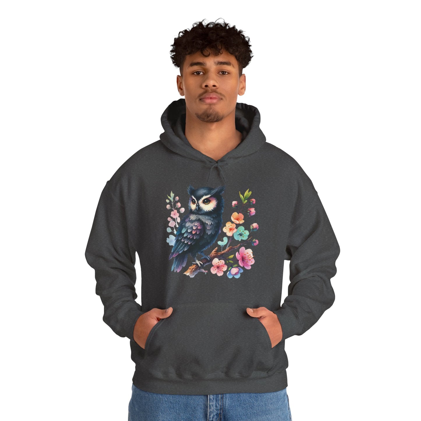 Floral Night Owl Hoodie – Watercolor Owl & Blossom Pullover