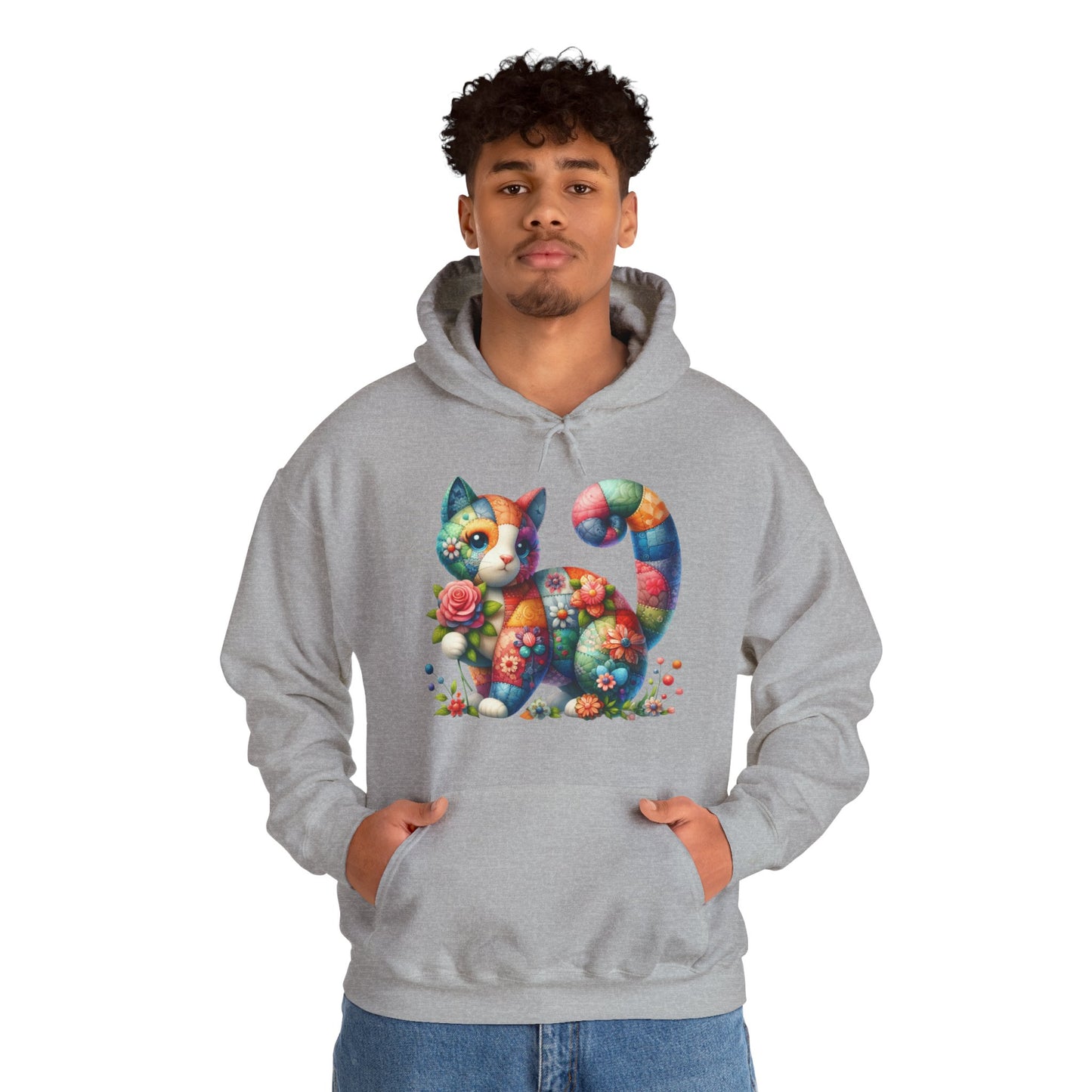 Colorful Floral Cat Hoodie – Vibrant Patchwork Kitty Sweatshirt