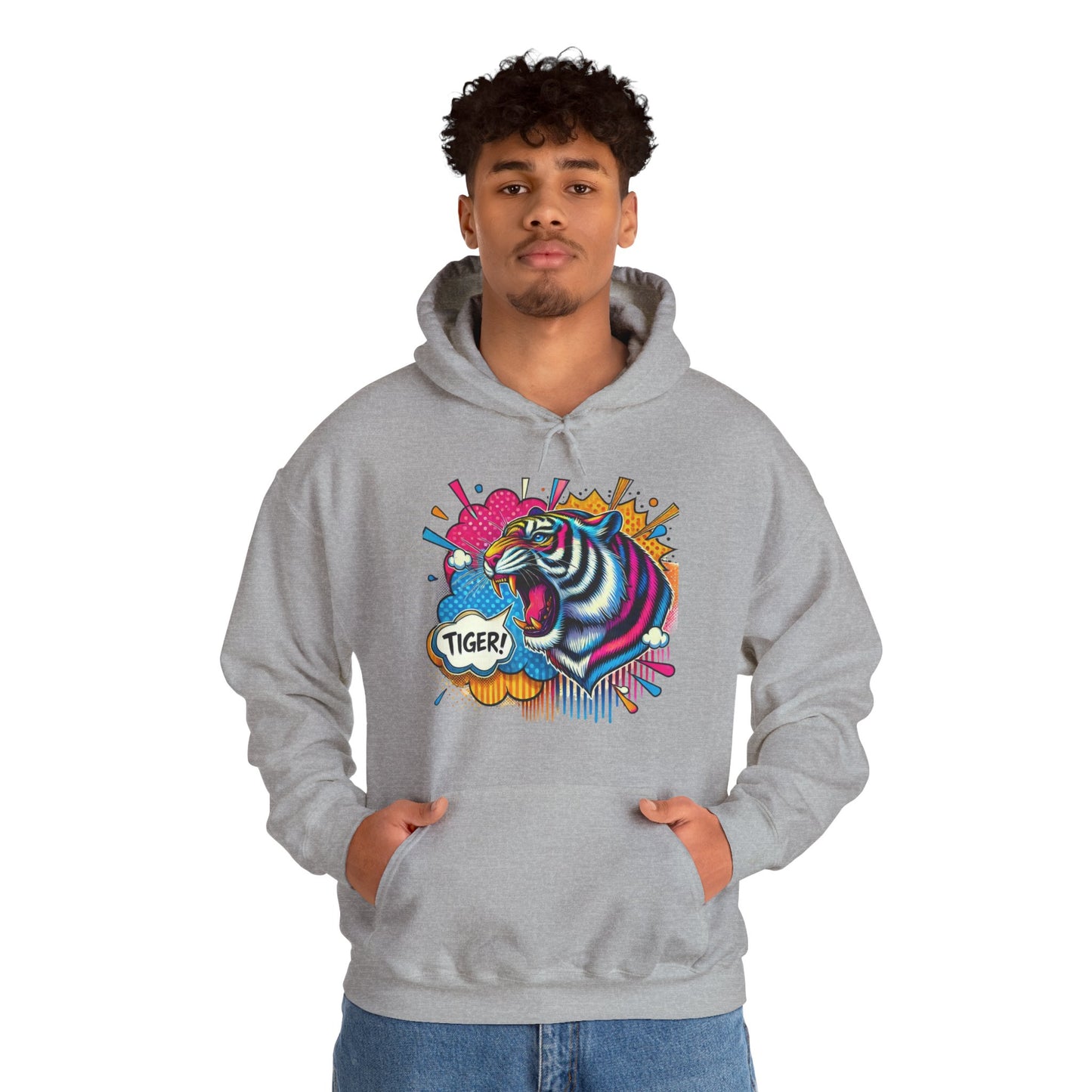 Colorful Pop Art Tiger Hoodie – "TIGER!" Graphic Pullover