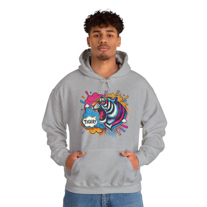 Colorful Pop Art Tiger Hoodie – "TIGER!" Graphic Pullover