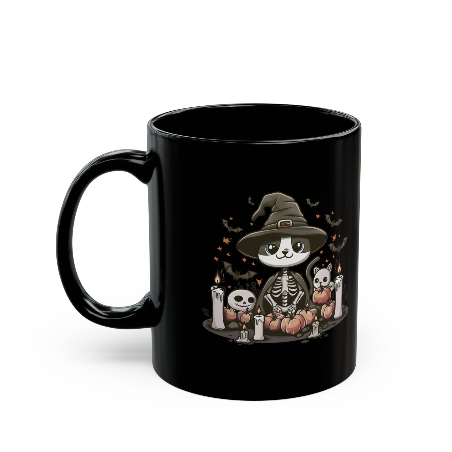 Halloween Witch Cat Mug – Cute Skeleton Cat with Pumpkins & Candles