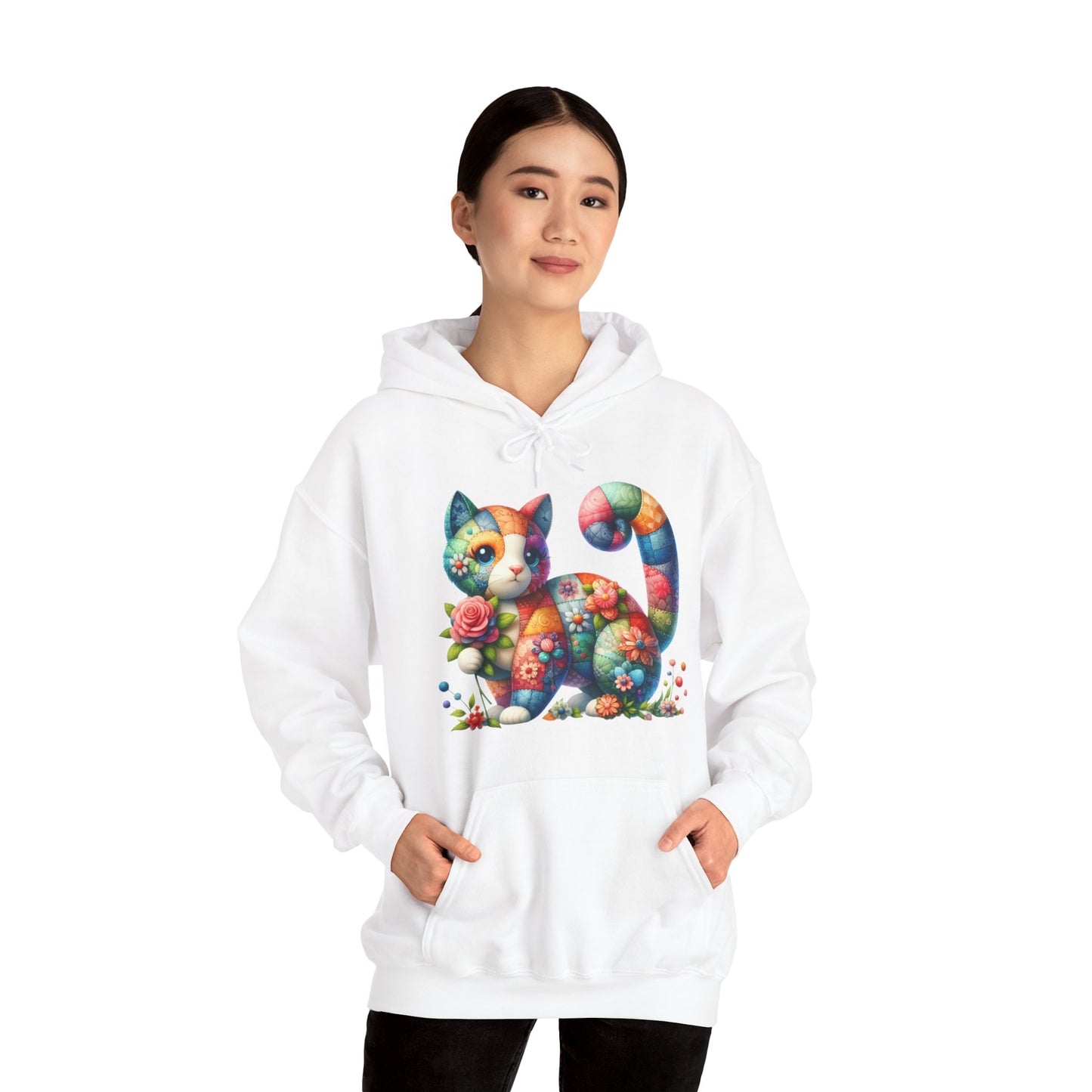 Colorful Floral Cat Hoodie – Vibrant Patchwork Kitty Sweatshirt