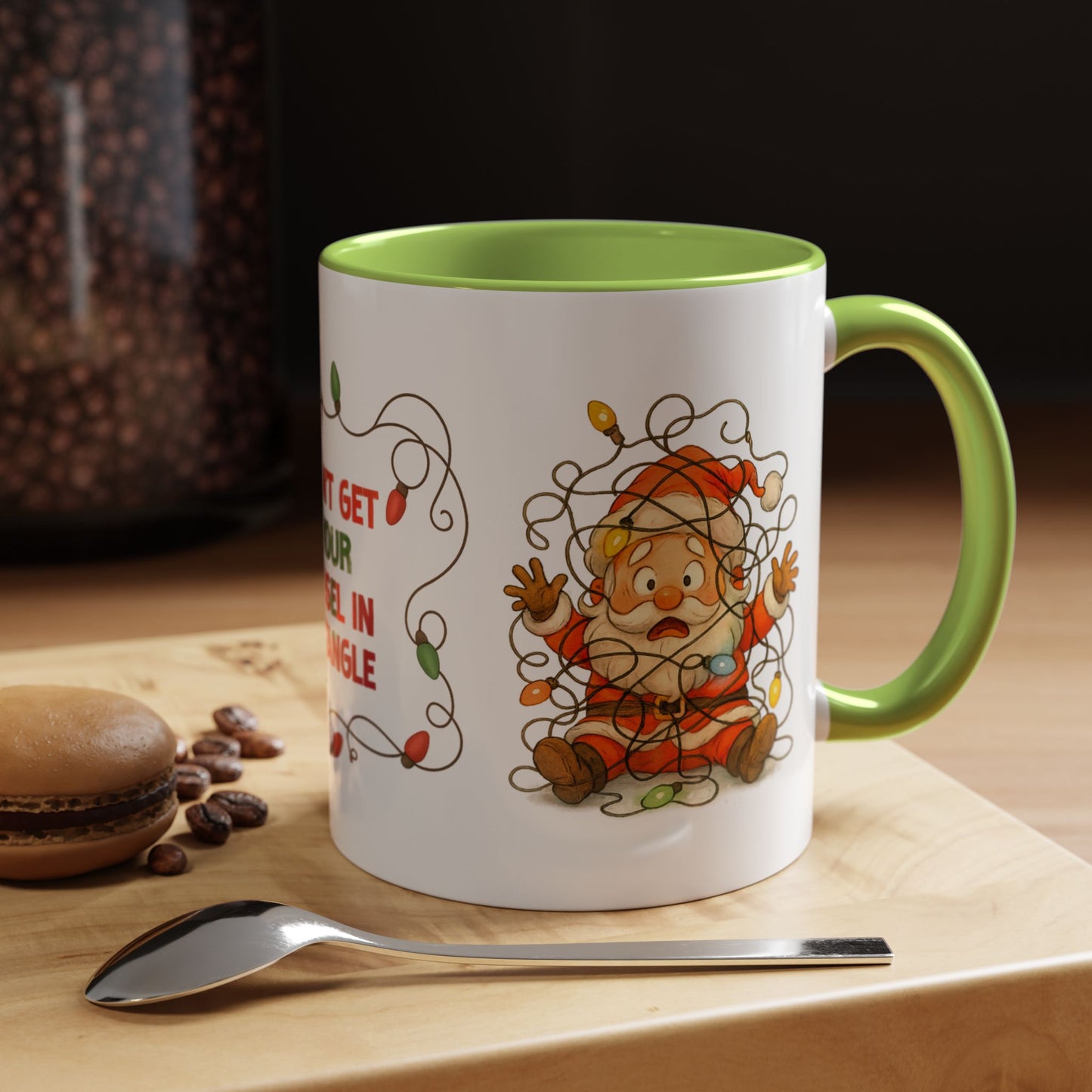Don’t Get Your Tinsel in a Tangle – Funny Santa Christmas Mug, Holiday Lights Coffee Cup (11oz/15oz)