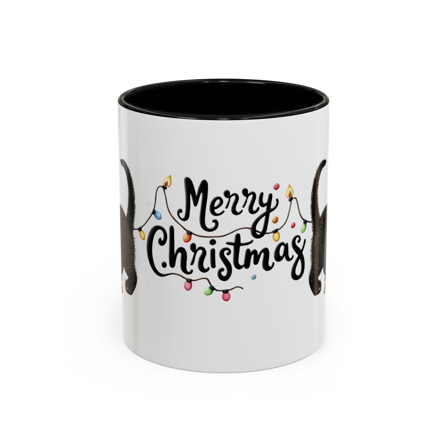 Merry Christmas Black Cat Mug – Cute Holiday Lights Cat Coffee Cup – Perfect Gift for Cat Lovers