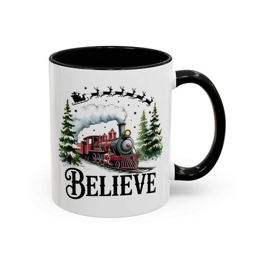 Believe Christmas Train Mug with Santa Sleigh – Holiday Coffee Cup