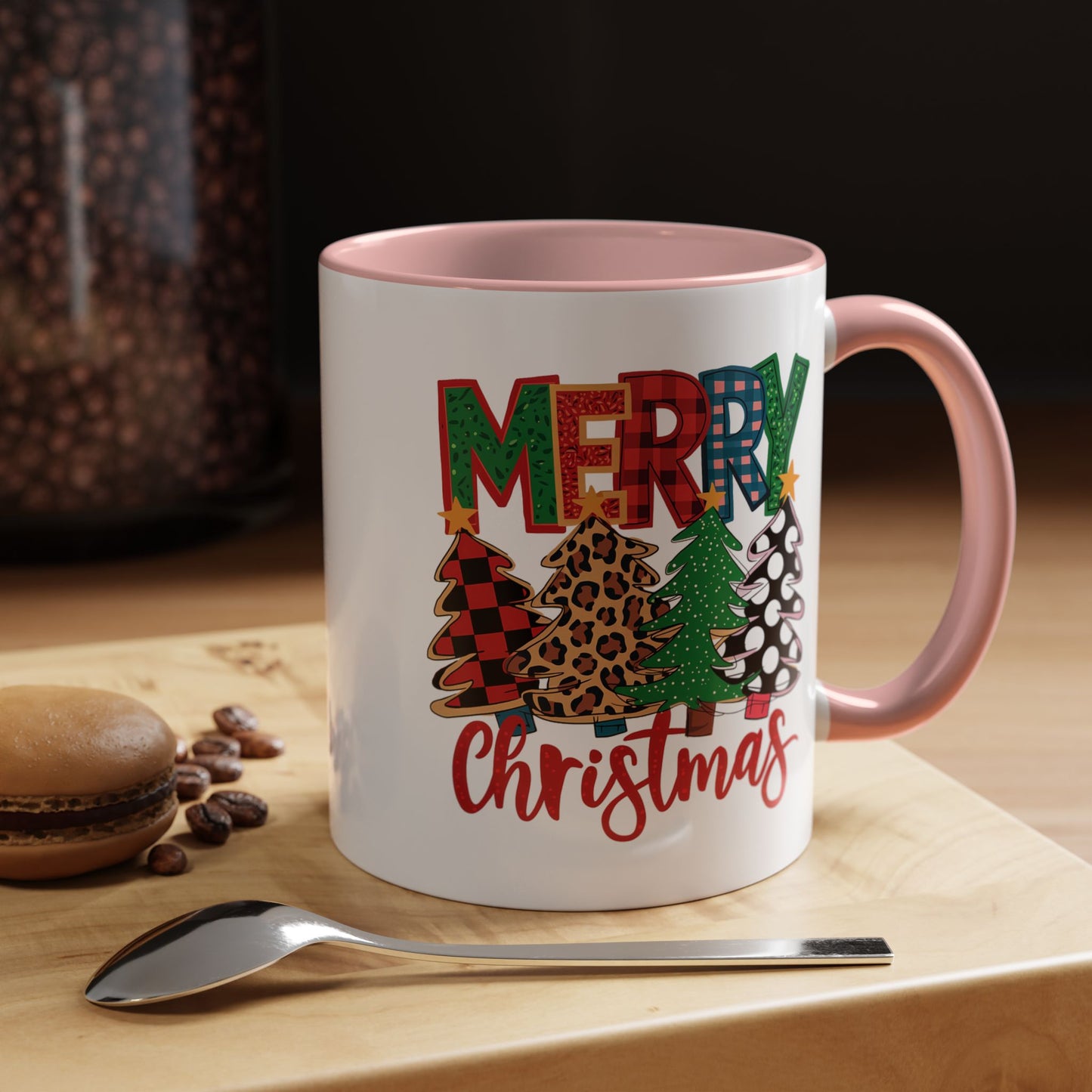 Merry Christmas Accent Coffee Mug — Festive Plaid, Leopard & Pine Tree Holiday Design
