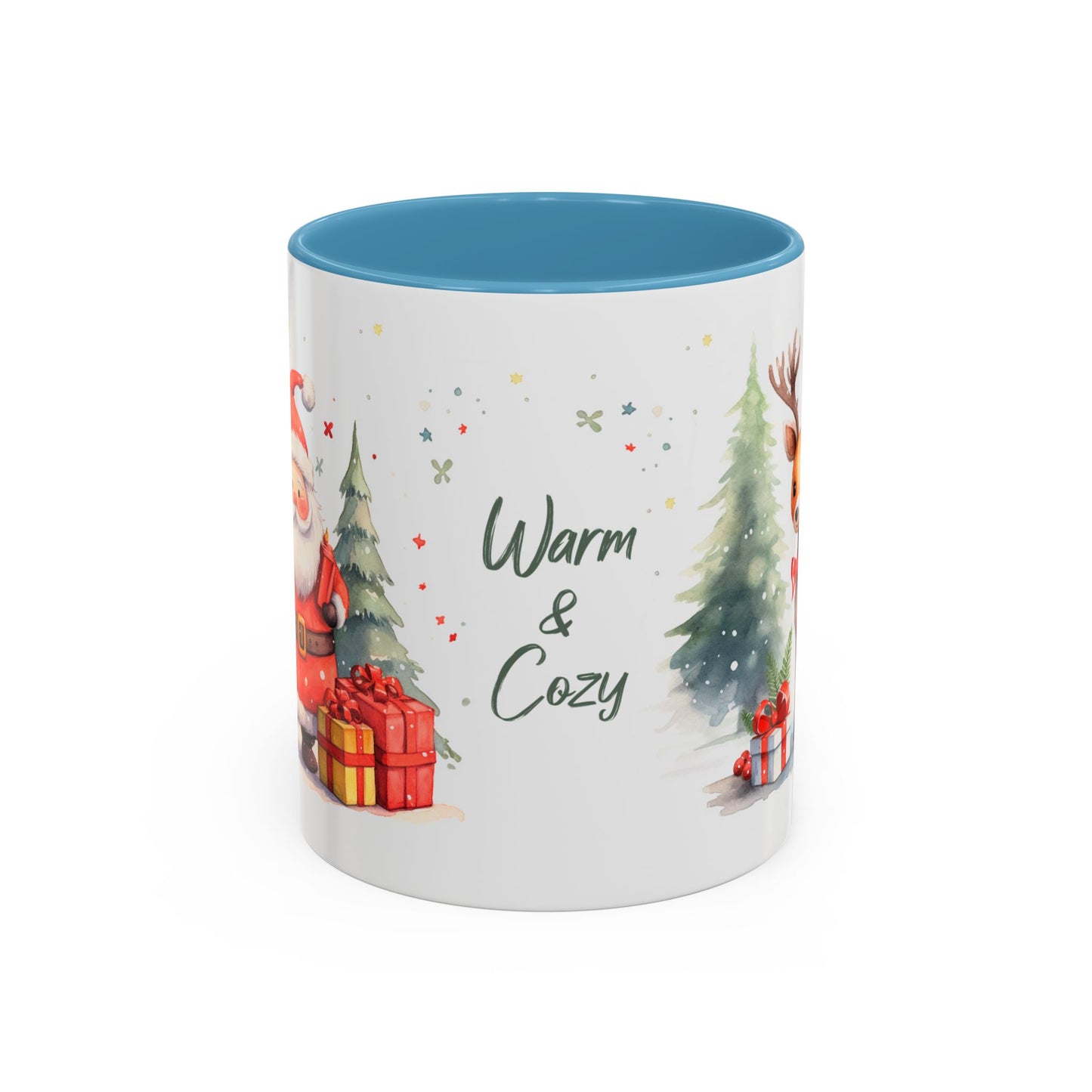 Warm & Cozy Christmas Accent Coffee Mug — Festive Santa, Reindeer & Pine Tree Holiday Drinkware