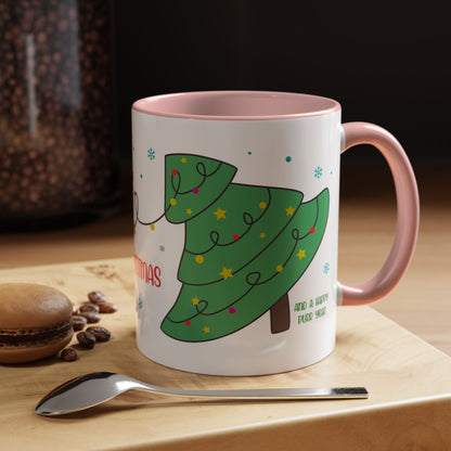 Meowy Christmas Accent Coffee Mug — Cute Cat & Decorated Tree Holiday Mug (11/15oz)