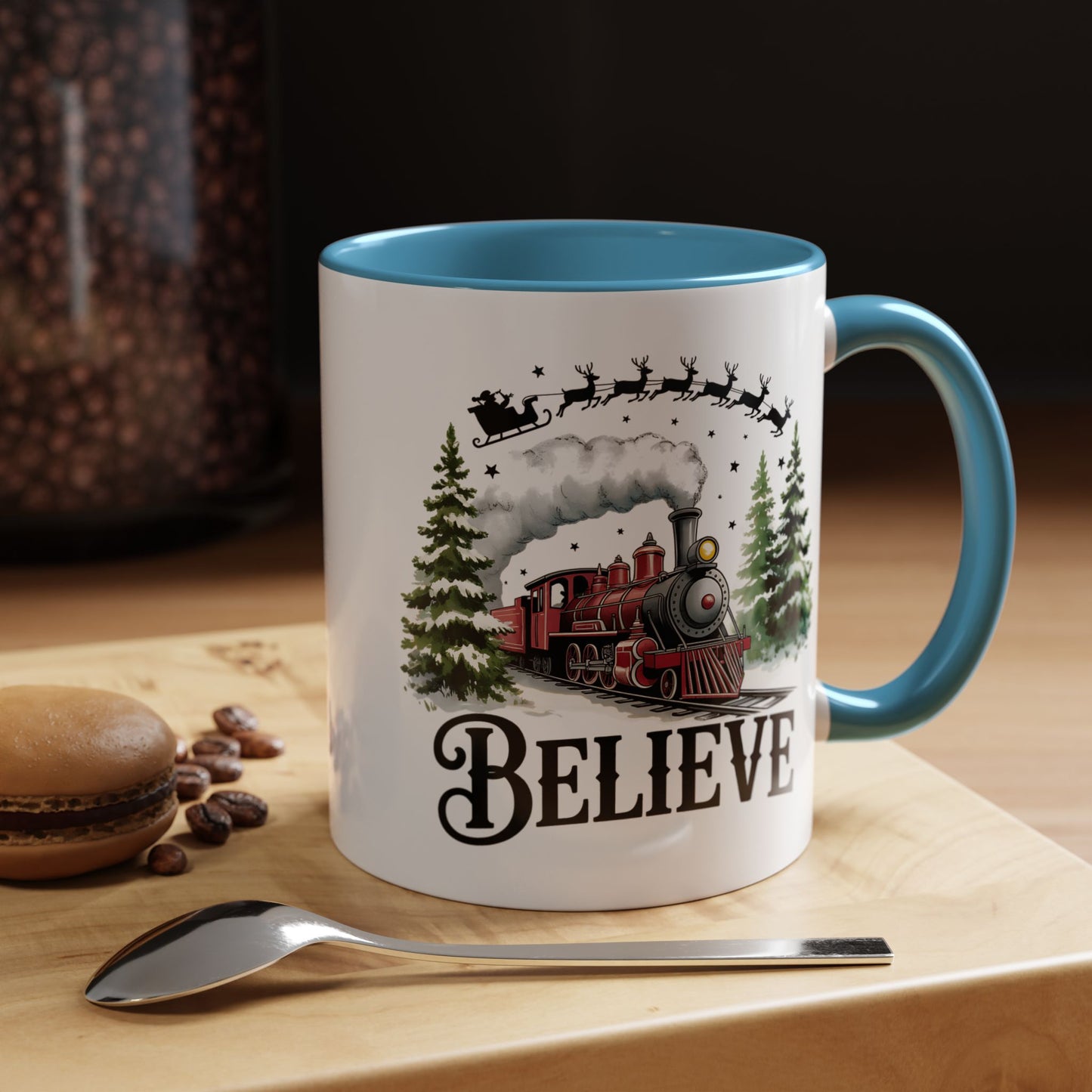 Believe Christmas Train Mug with Santa Sleigh – Holiday Coffee Cup