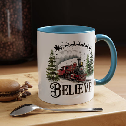 Believe Christmas Train Mug with Santa Sleigh – Holiday Coffee Cup