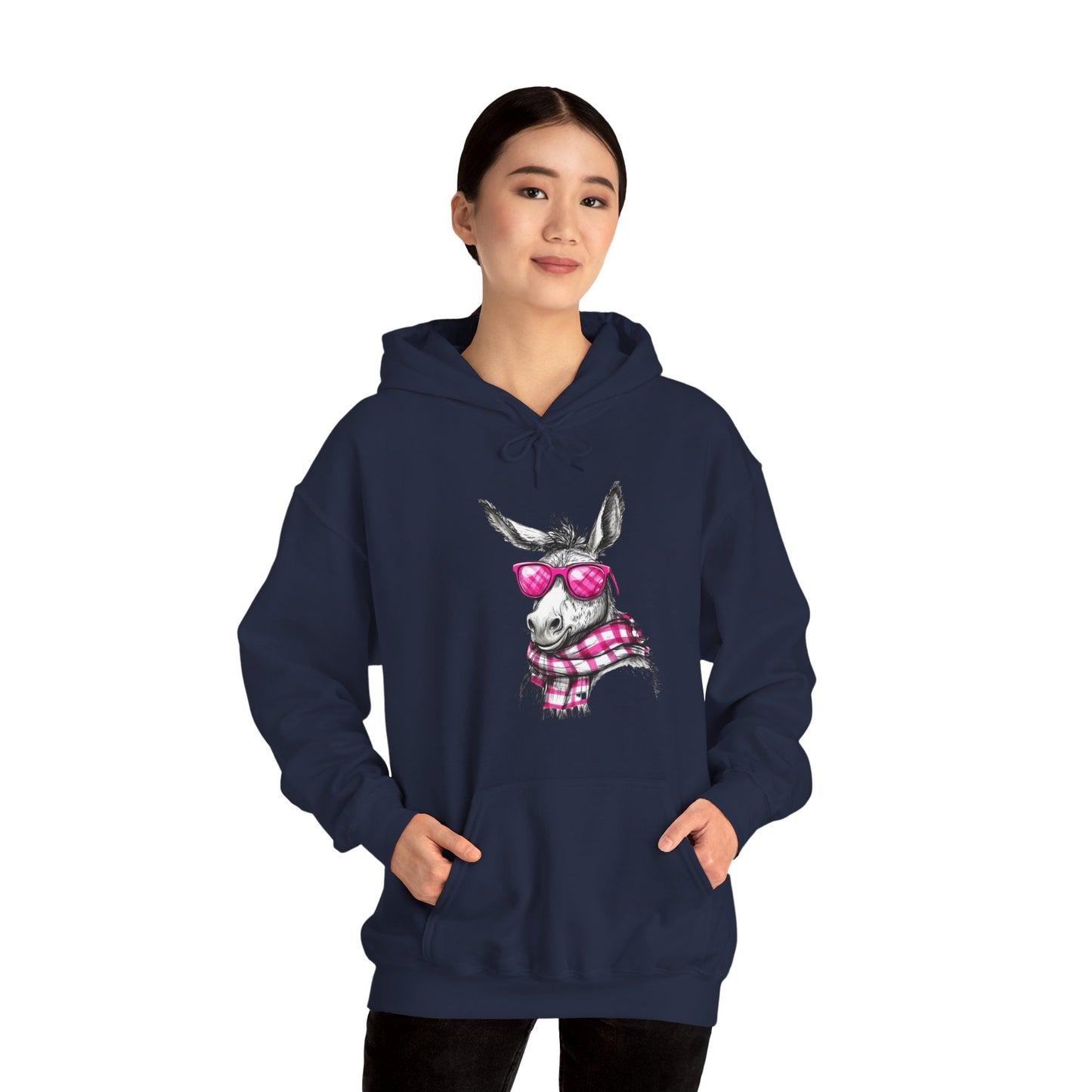 Cool Donkey Hoodie with Pink Glasses & Plaid Scarf — Cute Animal Graphic Sweatshirt