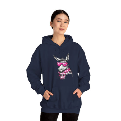 Cool Donkey Hoodie with Pink Glasses & Plaid Scarf — Cute Animal Graphic Sweatshirt