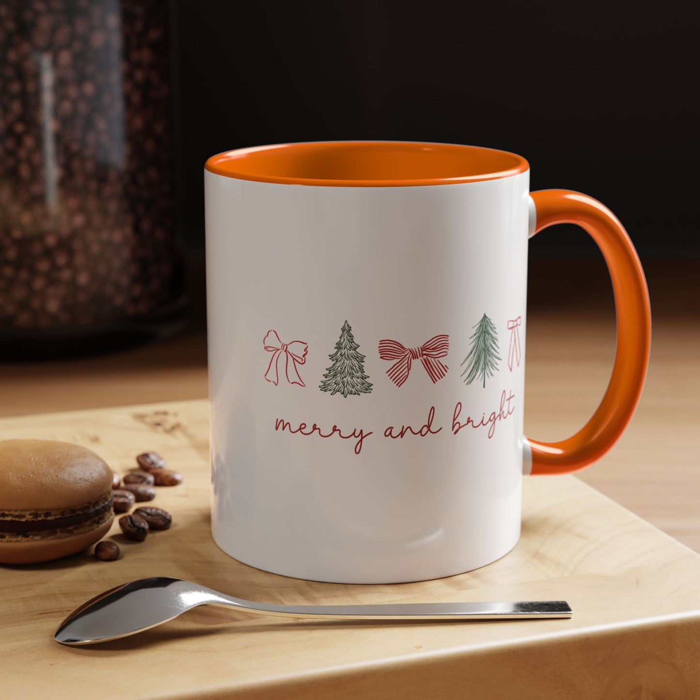 Merry and Bright Accent Coffee Mug — Holiday Christmas Tree & Bow Design (11/15 oz)