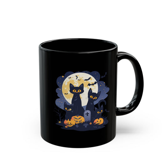 Halloween Black Cat Mug – Spooky Cats with Pumpkins & Full Moon Design
