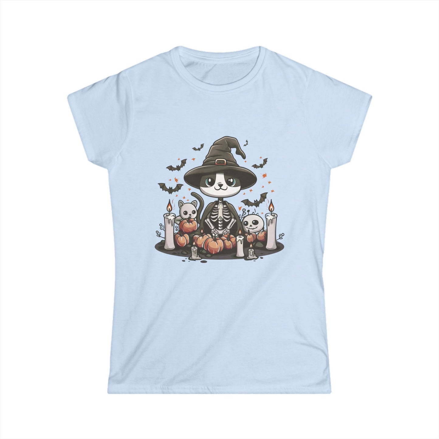 Halloween Witch Cat T-Shirt – Cute Skeleton Cat with Pumpkins & Candles