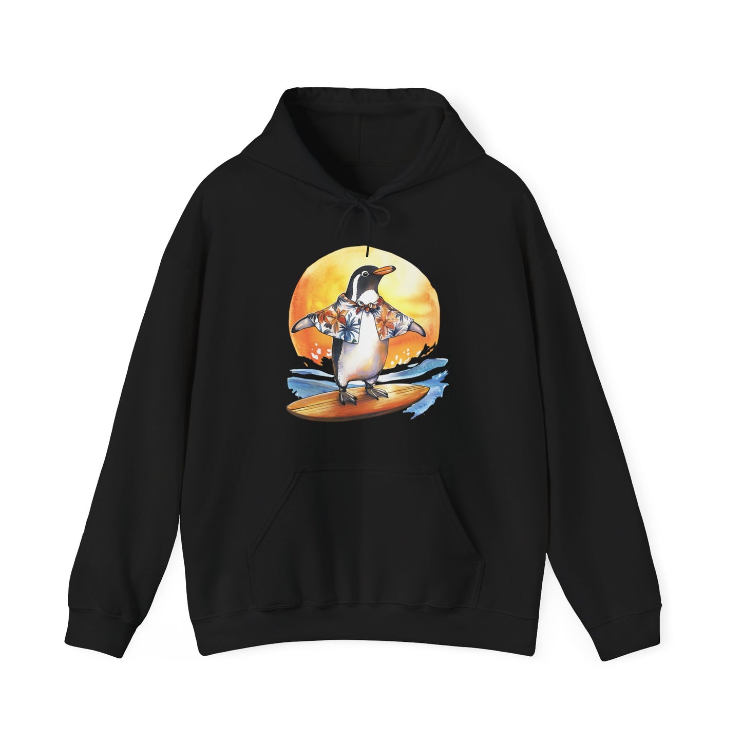Surfing Penguin Hoodie — Cute Surfboard Penguin Sunset Pullover