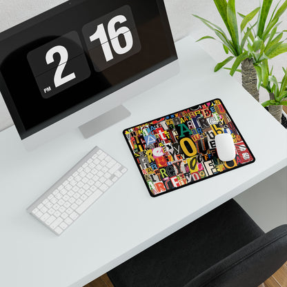 Colorful Collage Alphabet Desk Mat — Typographic Word Art Gaming & Office Desk Pad